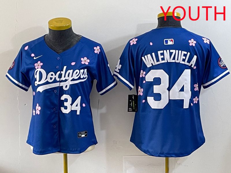 Youth Los Angeles Dodgers #34 Valenzuela Blue Sakura Edition 2025 Nike MLB Jersey style 33